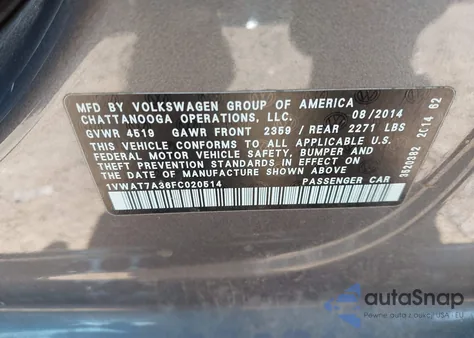 2015 Volkswagen Passat 1.8T Wolfsburg Edition из США, поврежденный, VIN 1VWAT7A36FC020514